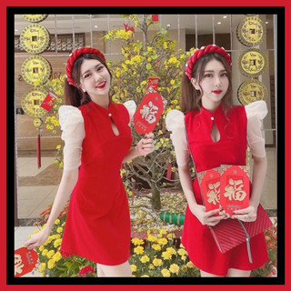[Shop bigsize nữ 50kg-90kg] Đầm Tết cách tân kèm mấn màu đỏ, đen
