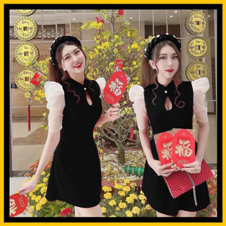 [Shop bigsize nữ 50kg-90kg] Đầm Tết cách tân kèm mấn màu đỏ, đen