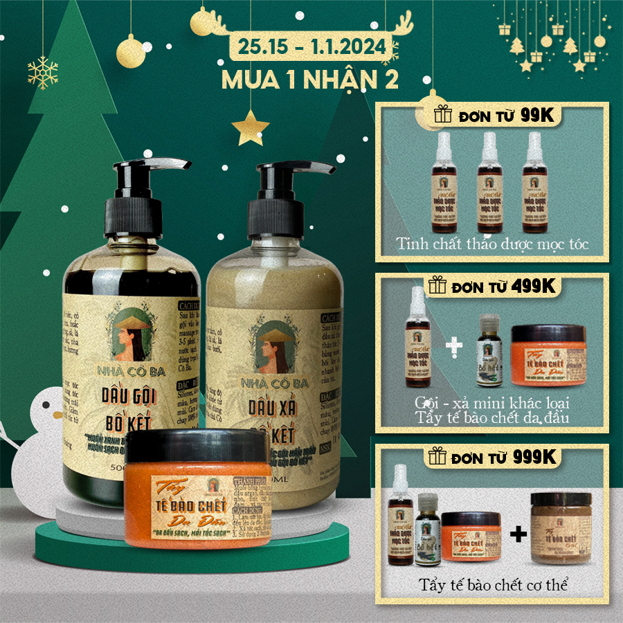(Combo) Dầu gội bồ kết, dầu xả bồ kết thảo dược Nhà cô ba kích thích mọc tóc, mềm mượt, giảm gãy rụng 500ml