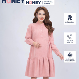 Váy bầu thu đông công sở dáng babydoll cổ trụ tay dài - Thời trang đầm bầu cao cấp HONEY