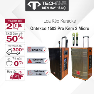 Loa kéo karaoke ONTEKCO 1503 PROMAX kết nối Bluetooth Bass 40cm kèm 2 Micro UHF 3 đường tiếng hát karaoke gia đình