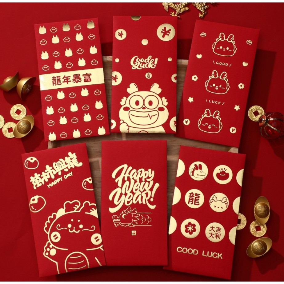 Bao lì xì tết Set 6 lì xì tết 2024 Giáp Thìn hình rồng chibi đáng yêu chào mừng năm mới phong bao Lì xì đỏ may mắn