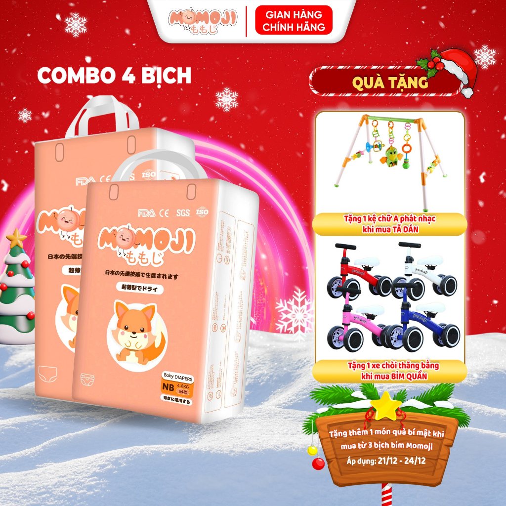 Combo 4 Bịch Tã Bỉm Momoji Siêu thấm hút NB64/S60/M56/L54/XL50/XXL48