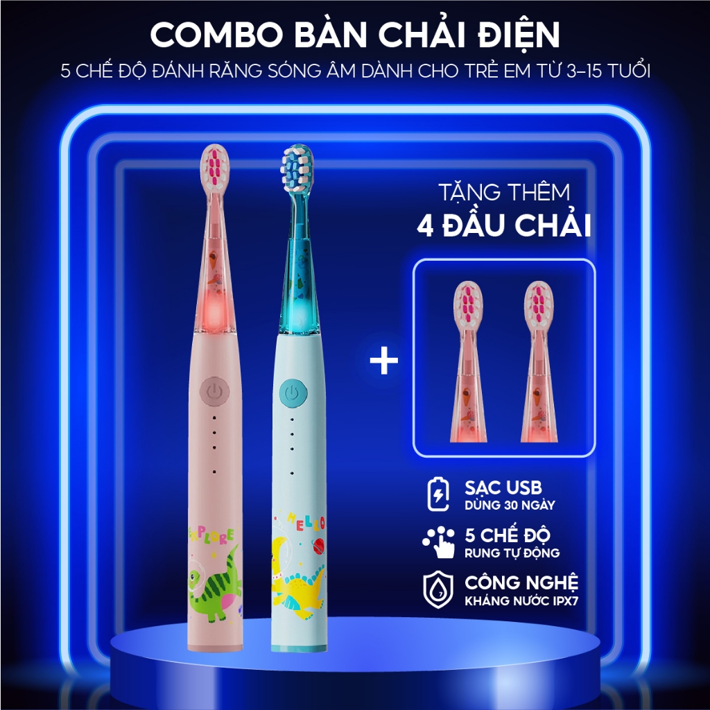 Bàn chải điện cho bé BRUMIVO, bàn chải điện trẻ em đầu lông chải mềm mượt, 3 chế độ làm sạch răng an toàn