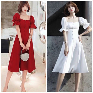 Đầm dự tiệc cổ vuông tay bo 2 màu, váy trễ vai xuongvnxk (kèm hình thật)