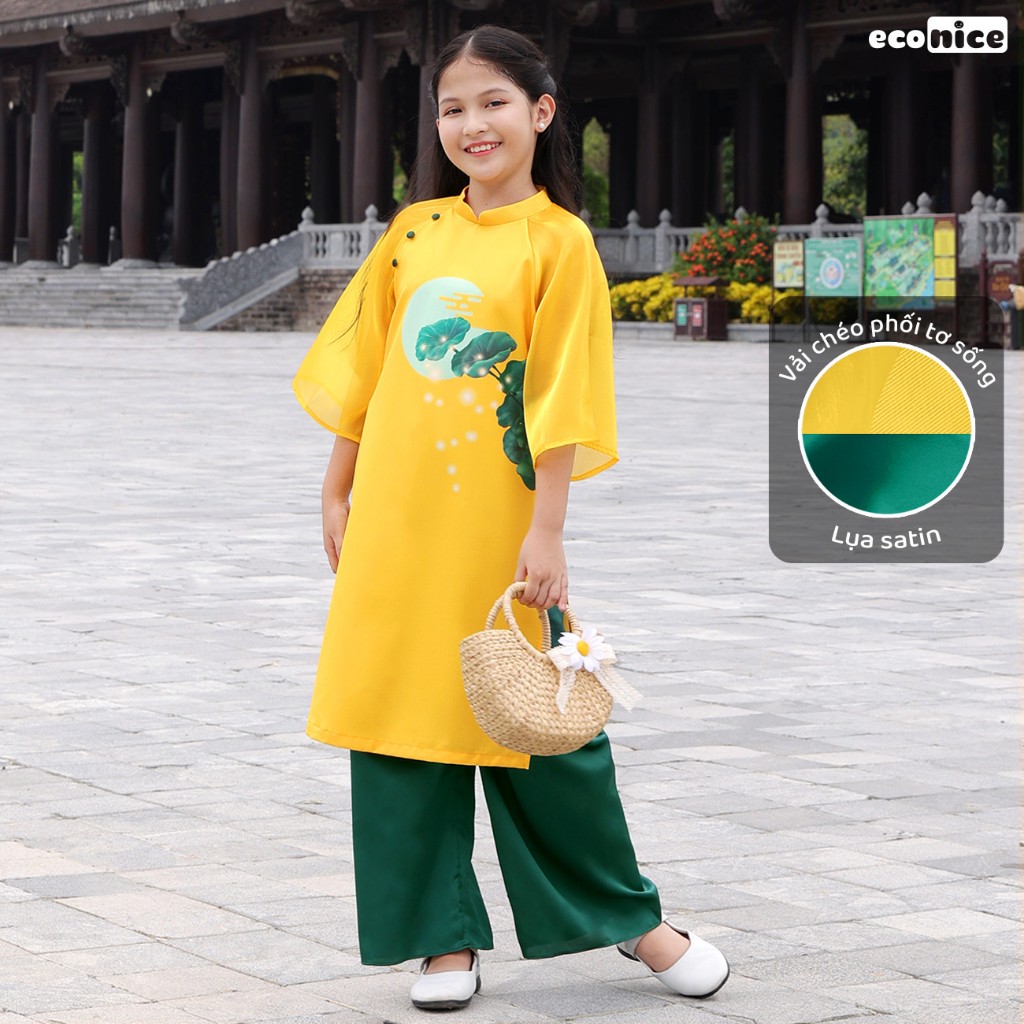 Áo dài tết cách tân màu đỏ cho bé gái, bé trai Econice G4. Size áo dài tết trẻ em 3, 4, 5, 6, 8, 9, 10, 12 tuổi