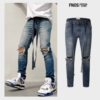 Quần Skinny Jeans Nam FNOS Streetwear Màu Xanh Rách Gối Kèm Dây NZ11- Local Brand Chính Hãng
