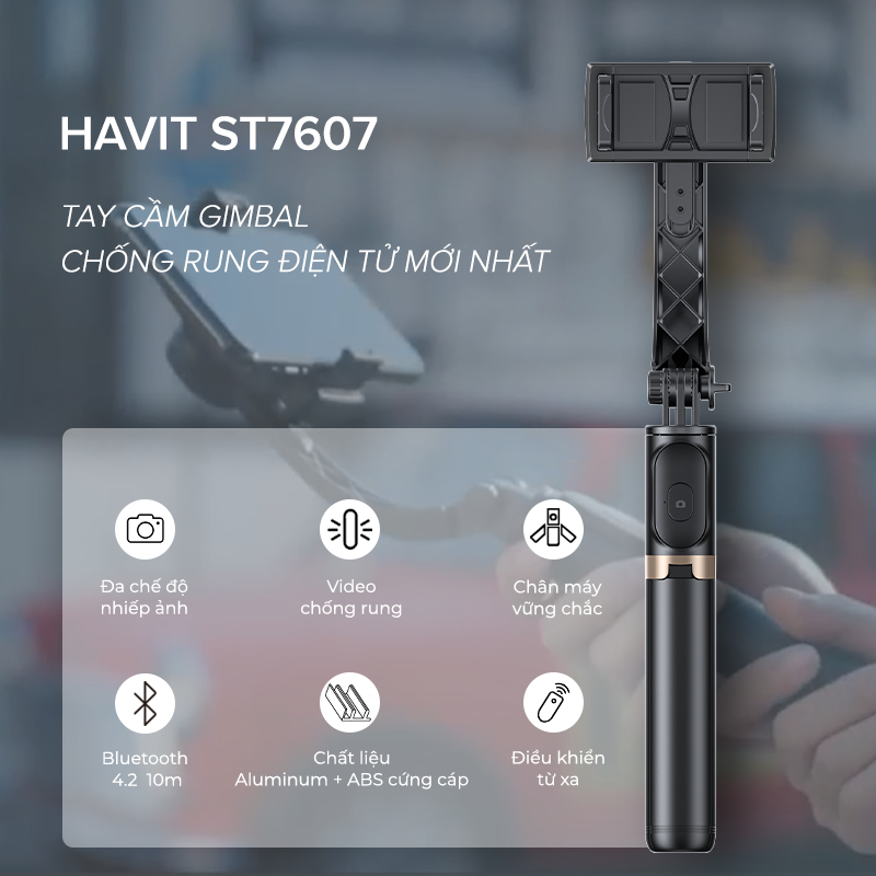 Tay Cầm Gimbal HAVIT ST7606, Chống Rung Điện Tử, Bluetooth 4.2, Điều Khiển Từ Xa - Chính Hãng BH 12 Tháng Dizigear