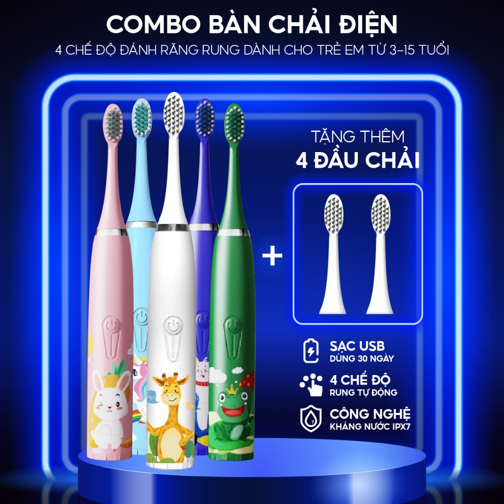 Combo 2 Bàn Chải Điện BRUMIVO Trẻ Em Với 4 Chế Độ Rung Dành Cho Bé Từ 3-15 Tuổi