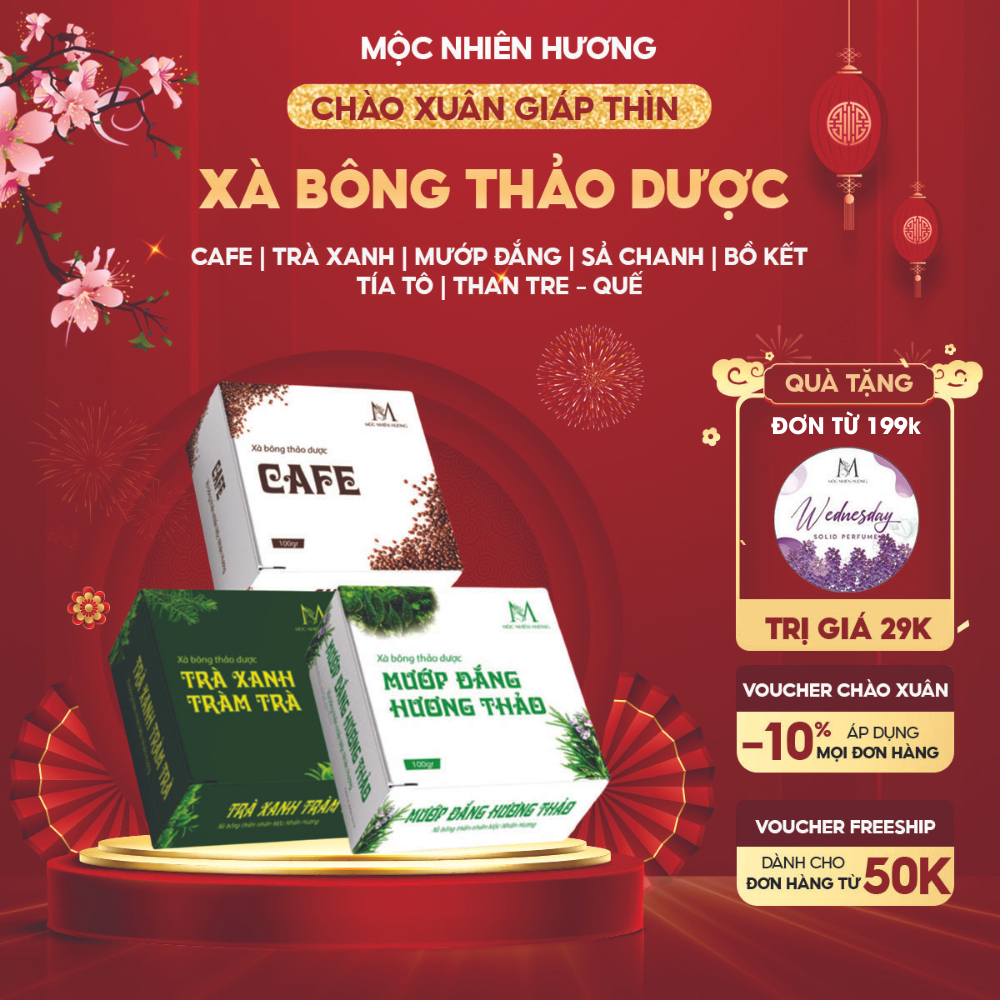 Xà bông thảo dược Mộc Nhiên Hương giảm mụn lưng, tẩy da chết 100% từ thiên nhiên mướp đắng, trà xanh, cafe, than tre quế