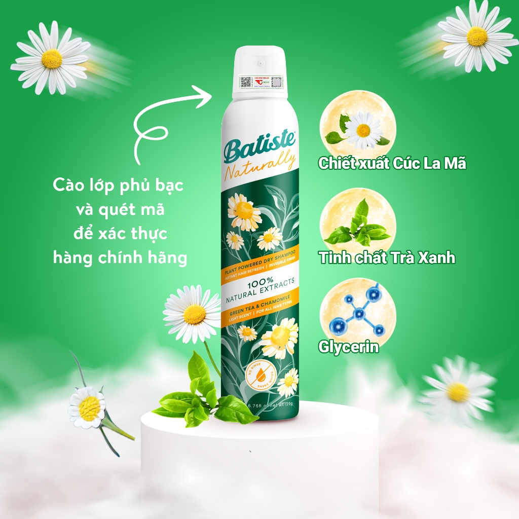 Dầu Gội Khô Batiste Naturally 100% Thuần Chay Thiên Nhiên Từ Trà Xanh & Cúc La Mã 200ml (Greentea & Chamomile)