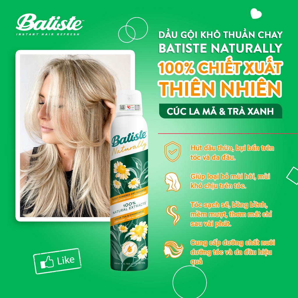 Dầu Gội Khô Batiste Naturally 100% Thuần Chay Thiên Nhiên Từ Trà Xanh & Cúc La Mã 200ml (Greentea & Chamomile)