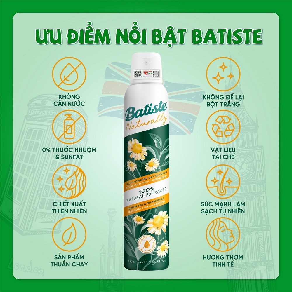 Dầu Gội Khô Batiste Naturally 100% Thuần Chay Thiên Nhiên Từ Trà Xanh & Cúc La Mã 200ml
