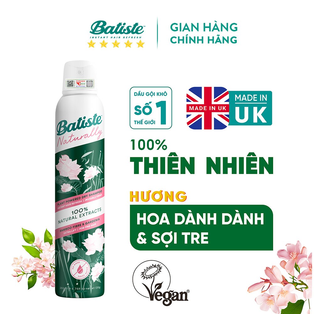 Dầu Gội Khô Batiste Naturally 100% Thuần Chay Thiên Nhiên Từ Măng Tre & Hoa Dành Dành 200ml (Baboo Fibre & Gardenia)