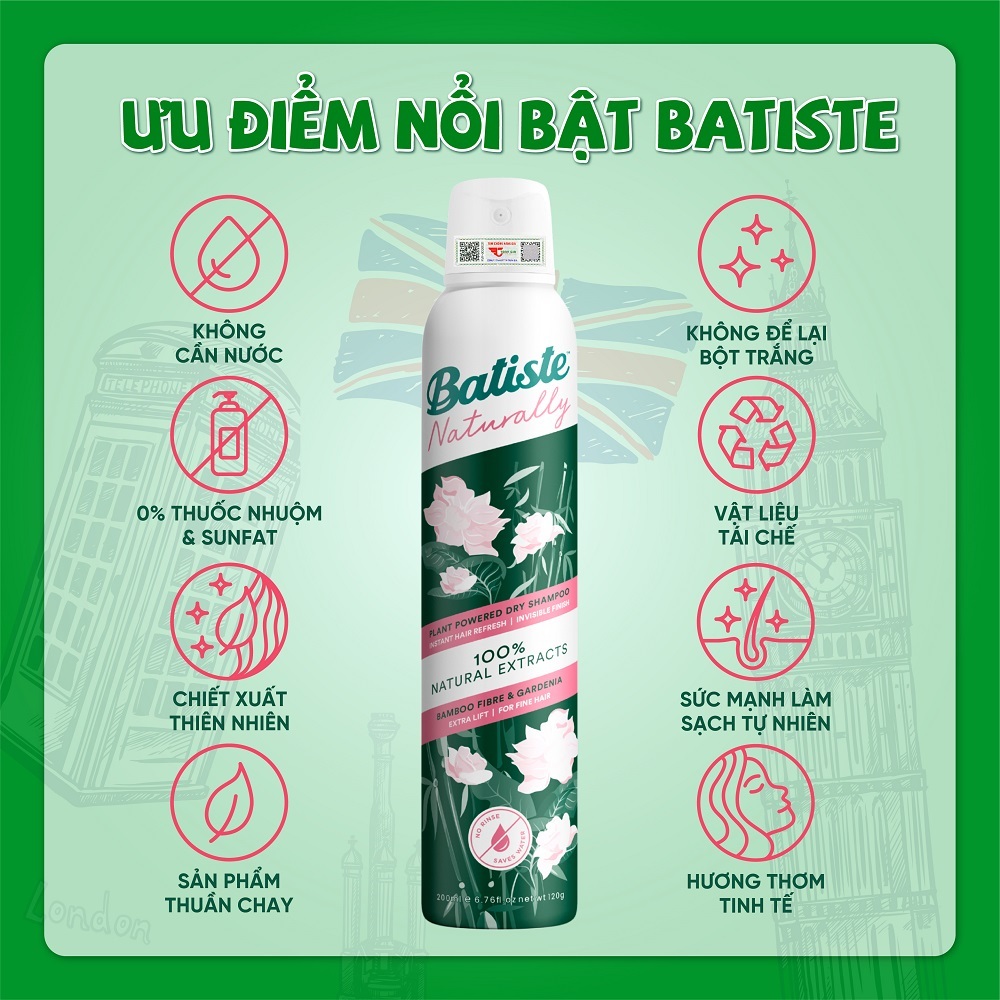 Dầu Gội Khô Batiste Naturally 100% Thuần Chay Thiên Nhiên Từ Măng Tre & Hoa Dành Dành 200ml (Baboo Fibre & Gardenia)