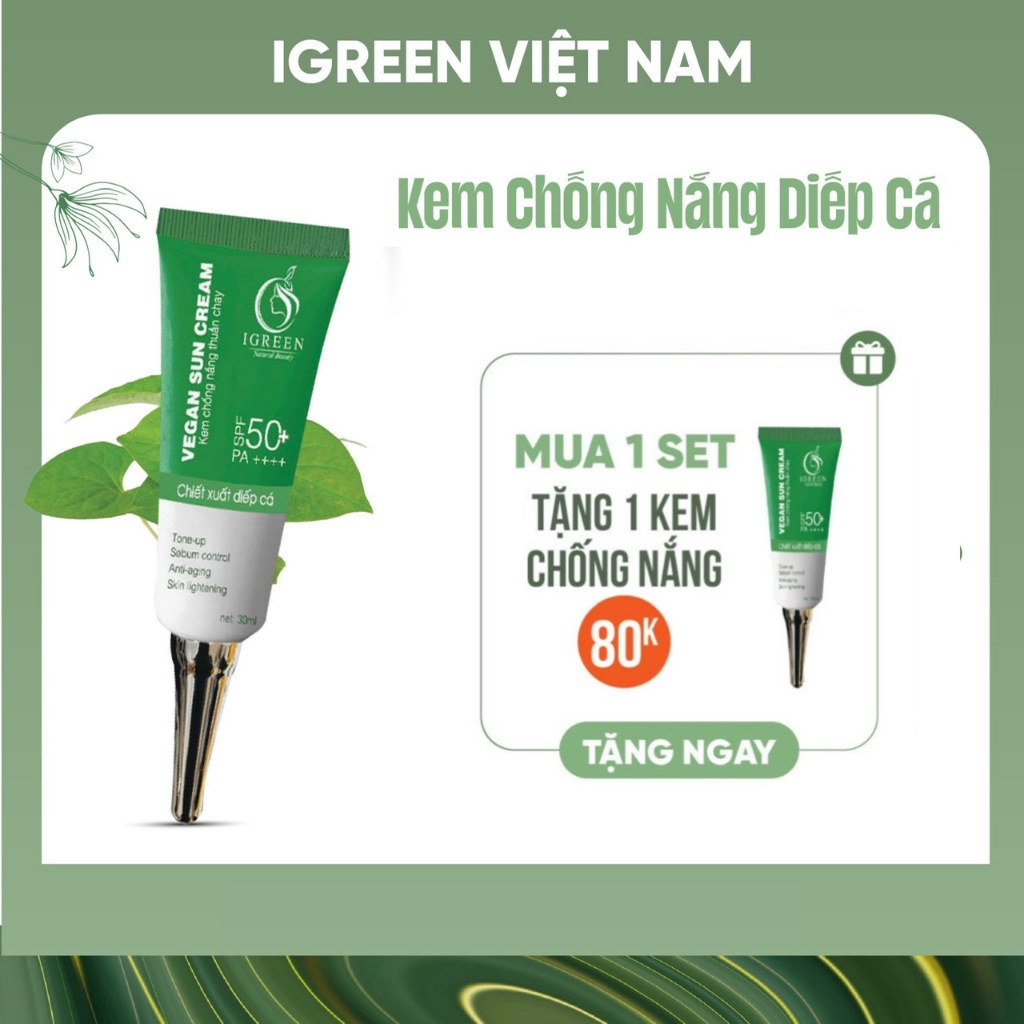 Kem Chống Nắng Thuần Chay Nâng Tone Chiết Xuất Diếp Cá IGREEN – 60ml SPF 50+ PA ++++