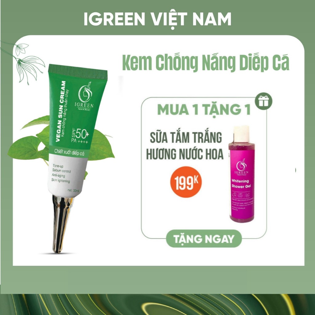 Kem Chống Nắng Thuần Chay Nâng Tone Chiết Xuất Diếp Cá IGREEN – 60ml SPF 50+ PA ++++