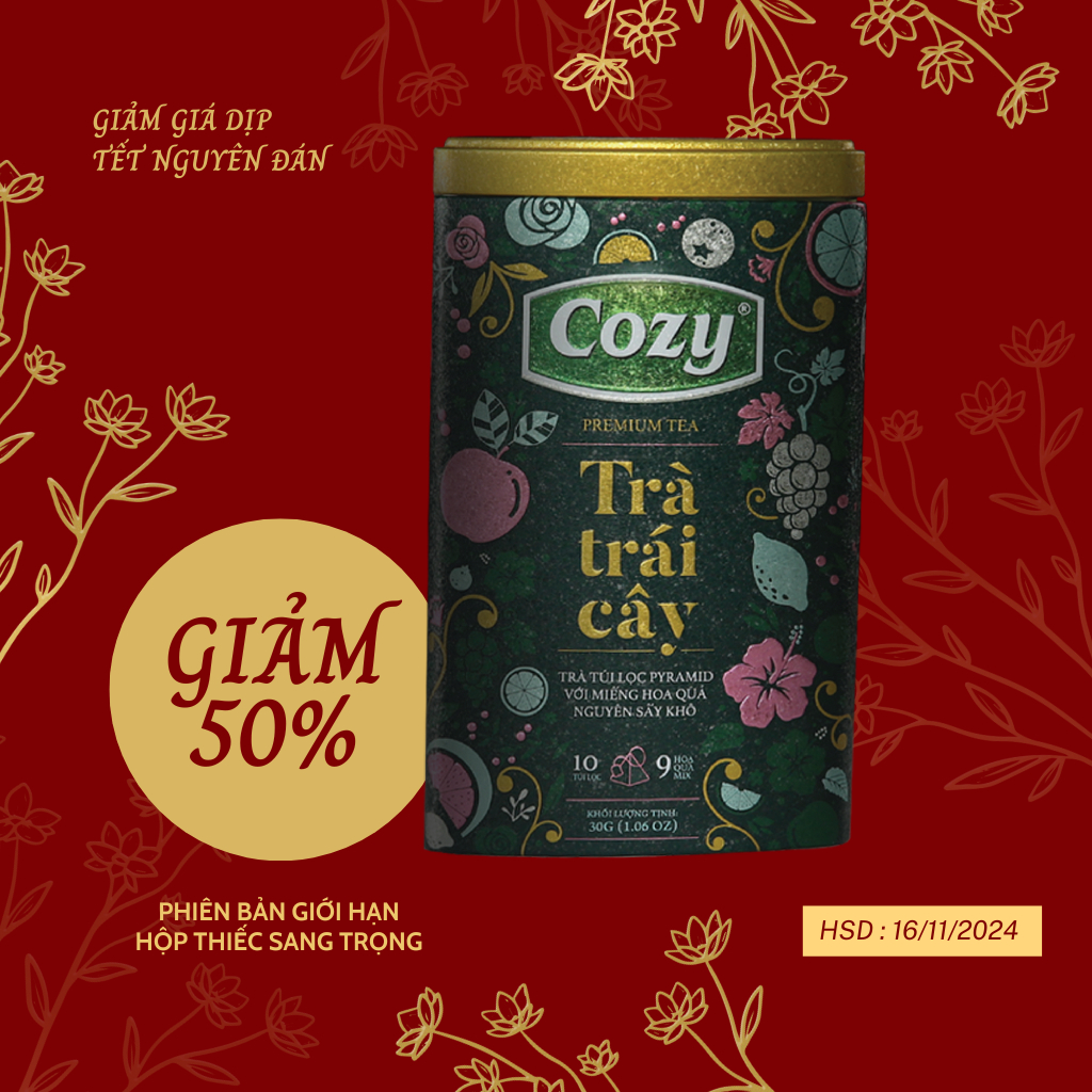 Trà Trái Cây Túi Lọc Pyramid Cozy Vị Hoa Quả HSD 16.11.2024 - Phiên Bản Giới Hạn Hộp Thiếc Sang Trọng
