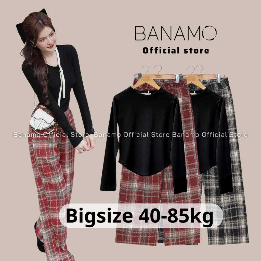 Set nữ BIGSIZE Banamo Fashion bộ áo tăm dài tay ôm body mix quần kẻ caro dạ ống rộng 1911