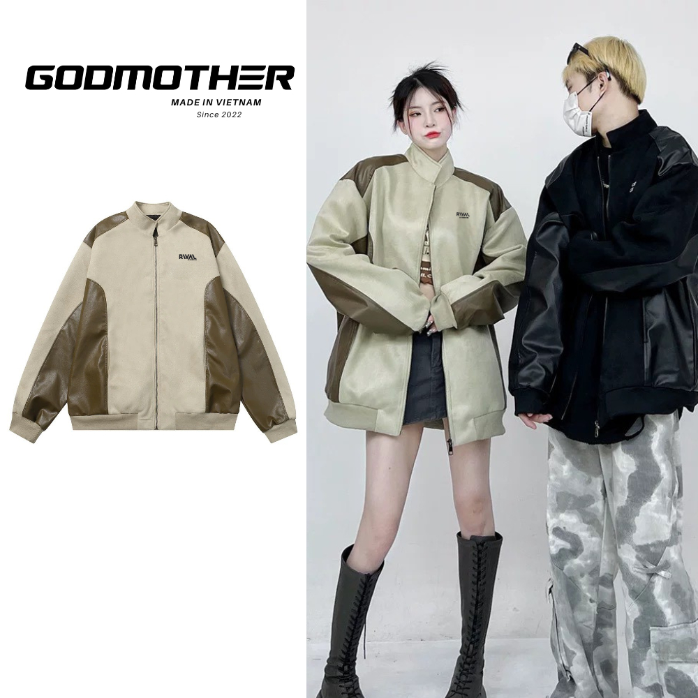 Áo Khoác Da Tay Dài Cao Cấp Phong Cách Retro Phối Màu Godmother