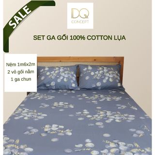 Set 2 vỏ gối nằm + 1 ga chun 1m6x2m/ chất liệu 100% cotton lụa hàn quốc