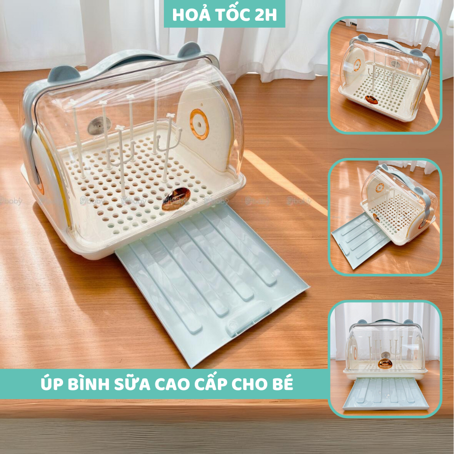 Khay úp bình sữa cao cấp, giá úp bình sữa chất liệu an toàn hình gấu 9BABY màu xanh