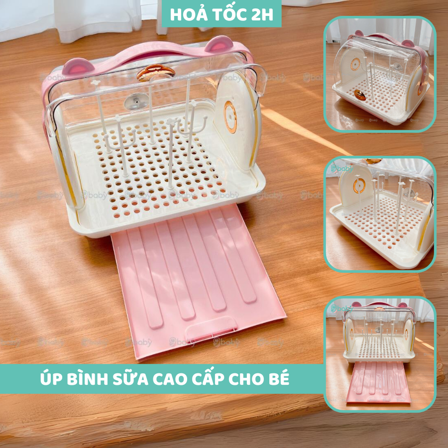 Giá úp bình sữa hình gấu 9BABY cao cấp có nắp đậy vệ sinh cho mẹ và bé màu hồng
