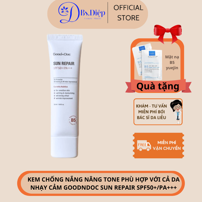 Kem chống nắng nâng tông da phù hợp với cả da nhạy cảm Goodndoc Sun repair Spf 50 Pa+++ 50ml