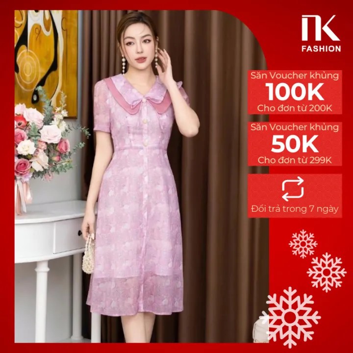 Đầm Tơ Hoa NK FASHION Dáng Xòe Cổ Kép Ngắn Tay Trẻ Trung Thanh Lịch Chất Vải Nhập Hàn Cao Cấp Không Nhăn NKDV2212001