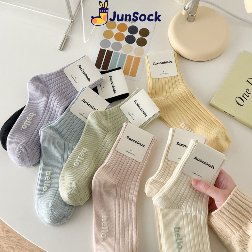 Tất cổ cao nam nữ JunSock màu Pastel vớ Cotton thun gân dày dặn in nổi chữ Hello phong cách Hàn Quốc ND30