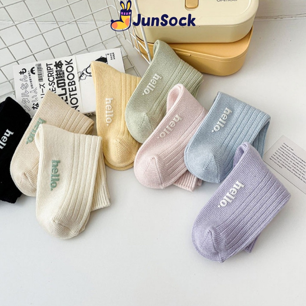 Tất cổ cao nam nữ JunSock màu Pastel vớ Cotton thun gân dày dặn in nổi chữ Hello phong cách Hàn Quốc ND30