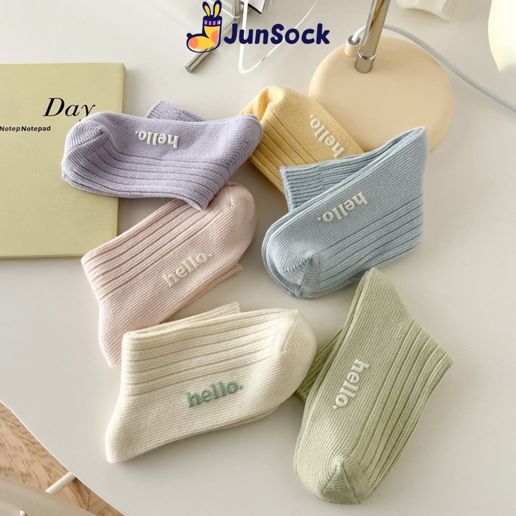 Tất cổ cao nam nữ JunSock màu Pastel vớ Cotton thun gân dày dặn in nổi chữ Hello phong cách Hàn Quốc ND30