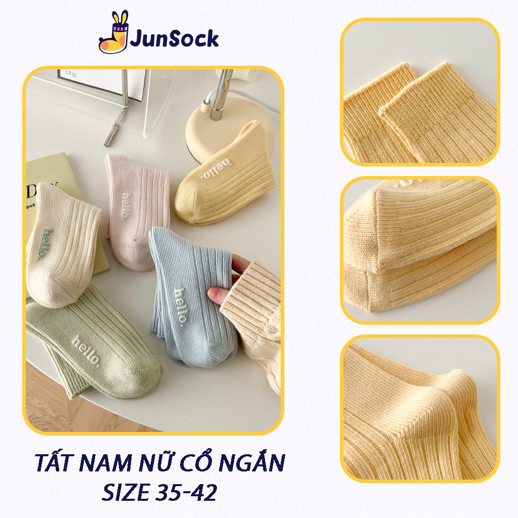 Tất cổ cao nam nữ JunSock màu Pastel vớ Cotton thun gân dày dặn in nổi chữ Hello phong cách Hàn Quốc ND30