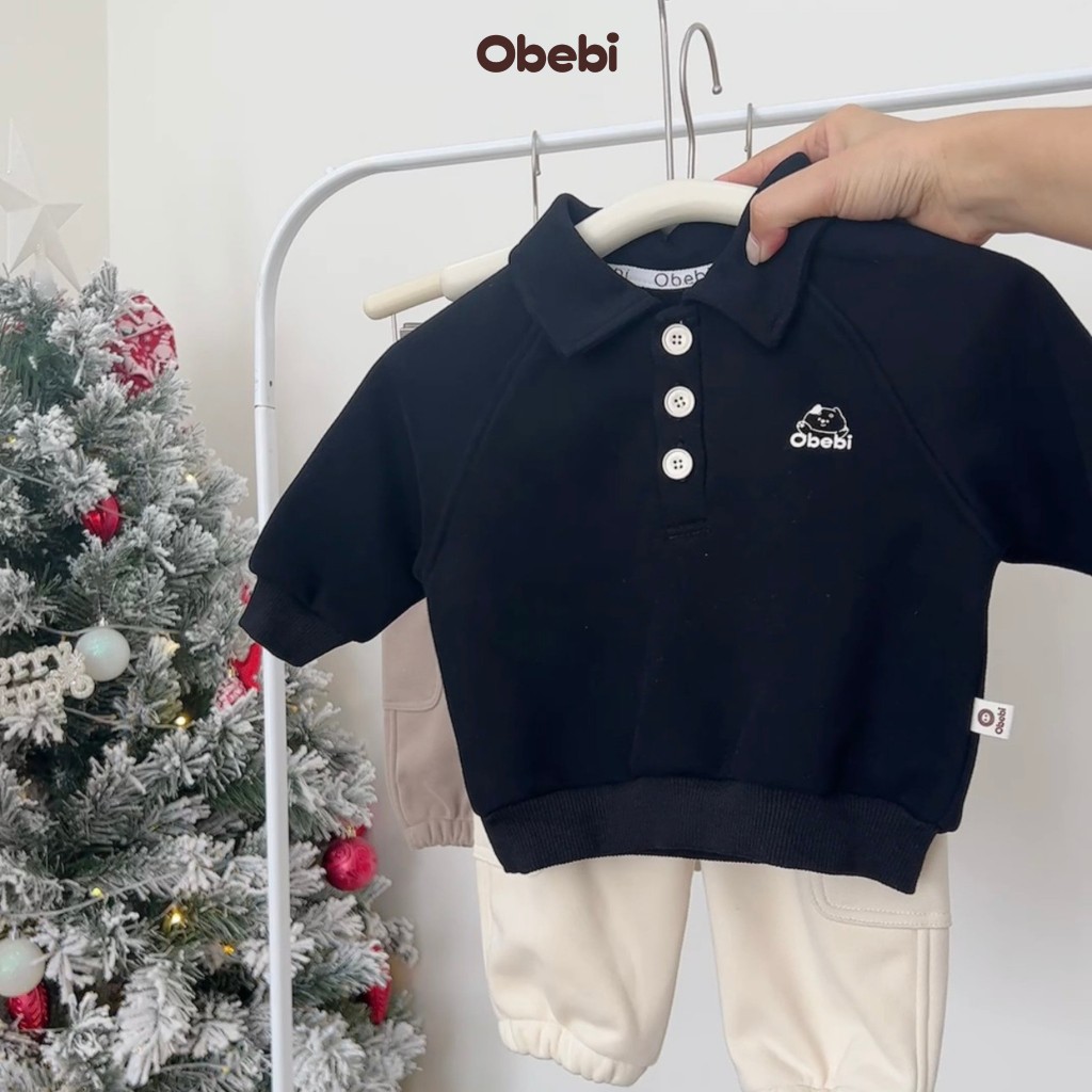 Áo Polo Dài Tay Cho Bé Chất Nỉ Lót Lông Ấm Áp OBEBI A324