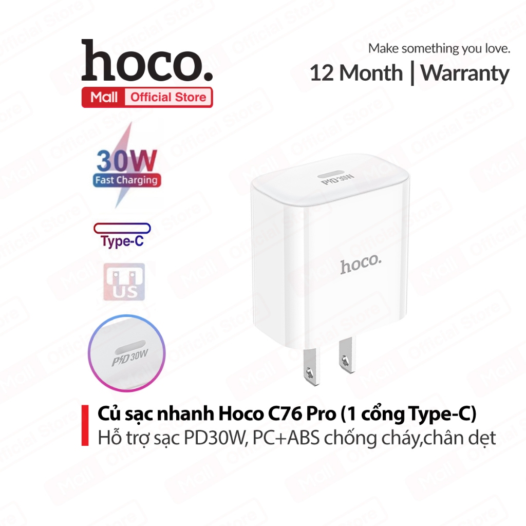 Củ sạc nhanh PD30W Hoco C76 Pro 1 cổng Type-C , PC+ABS chống cháy, chân dẹt