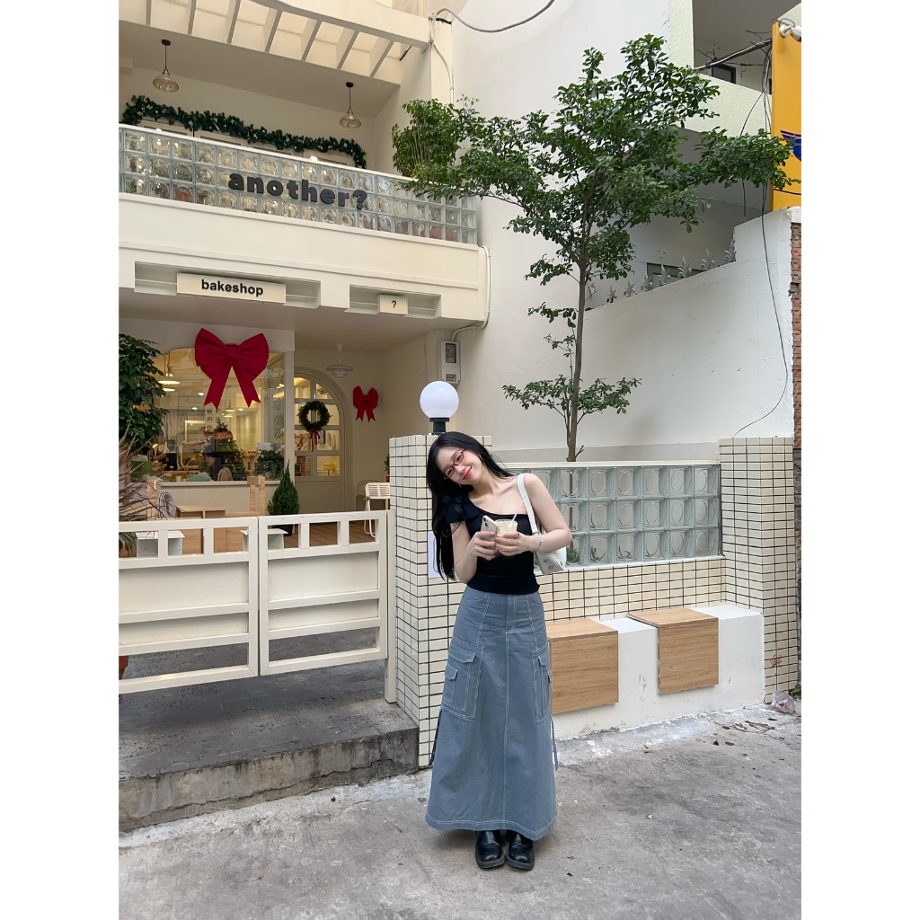 Chân váy chữ A lưng cao kaki jean phối túi bên sườn phong cách Vintage | COMIC SKIRT | Secodee