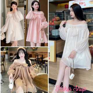 Váy babydoll , váy bánh bèo trễ vai phối nơ ngực chất voan tơ 2 lớp, váy bèo tiểu thư xinh xắn