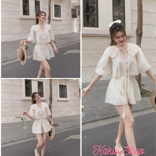 Set áo tơ cổ bèo tay bồng phối cúc ngọc kèm quần sooc cạp chun, set bộ siêu xinh