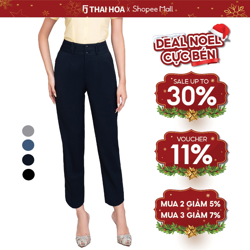 Quần baggy nữ sợi gỗ sồi cạp cao thiết kế đối xứng Thái Hòa 23QAW-215 (100% tinh chất)