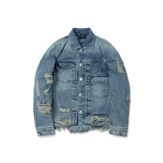 Áo khoác denim "goldie multi distressed washed denim" giặt nhuộm màu xanh