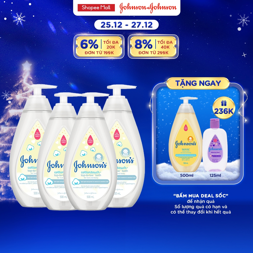 [BỘ 4 SIÊU RẺ] sữa tắm 2 trong 1 (gội+tắm toàn thân) mềm mịn Johnson' baby Bath Cotton Touch 500mlx4