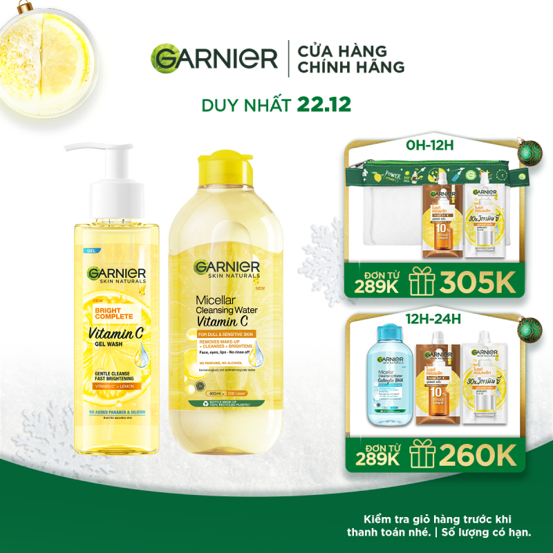 Bộ đôi Gel rửa mặt Vitamin C & Nước tẩy trang dưỡng sáng da Garnier Bright Complete (120ml x 400ml)