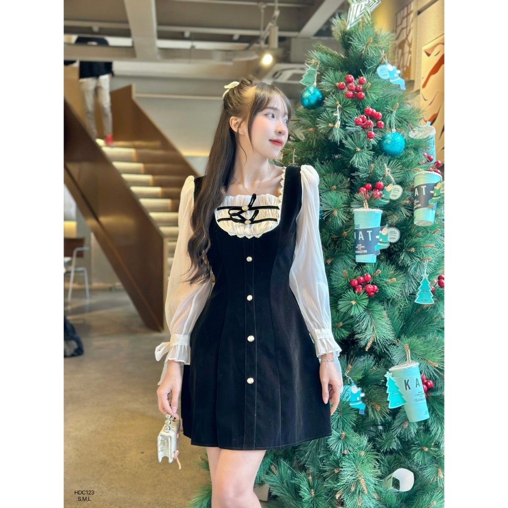 Đầm A nhung phối tay voan dài tiêu thư CHIBEST HDC123