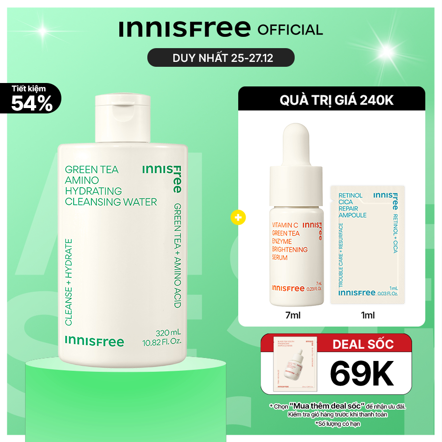 [Mã COSINNIJ - 8% đơn 250K] Nước tẩy trang dưỡng ẩm Innisfree Green Tea Amino Cleansing Water 320ml