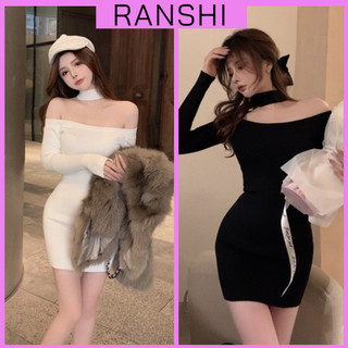 Đầm Body Trễ Vai Dài Tay RANSHI Phối Cổ Chocker Sang Chảnh Váy Om Sát Sexy Tôn 3 Vòng Chất Thun Gân Mềm Mại - RBD131