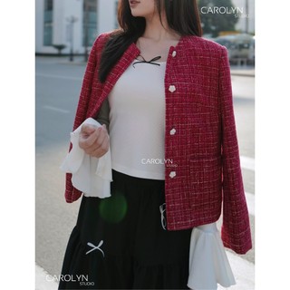 Áo khoác dạ tweed nhung đỏ cổ tròn Carolyn RED