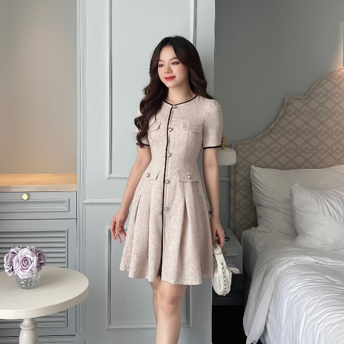 Váy Đầm Ngắn Tay Dáng Xòe Xếp Ly Cổ Tim Thời Trang Nữ Rosara VA113