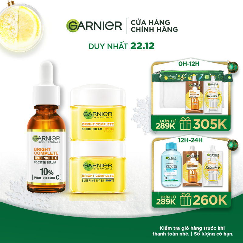 Bộ ba Dưỡng chất ban đêm Garnier 10% Vitamin C nguyên chất & Kem dưỡng ngày đêm (30mlX18mlX18ml)