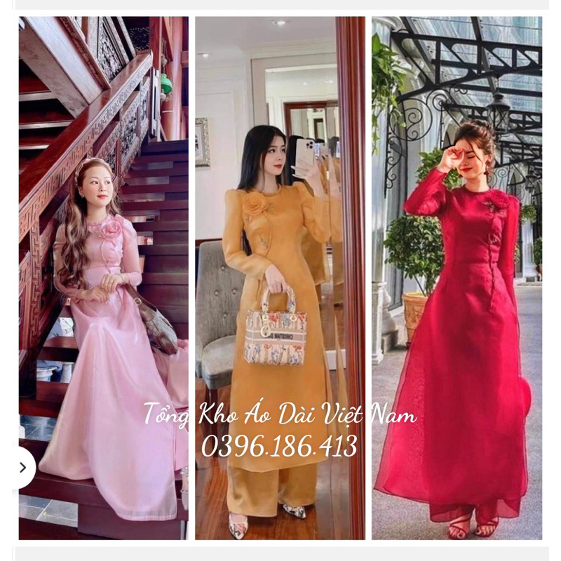 Áo dài von tơ 4 tà màu vàng đồng, đính kết hoa nổi, tay bồng dài trẻ trung, dáng cách tân - Tổng kho Áo dài Việt Nam