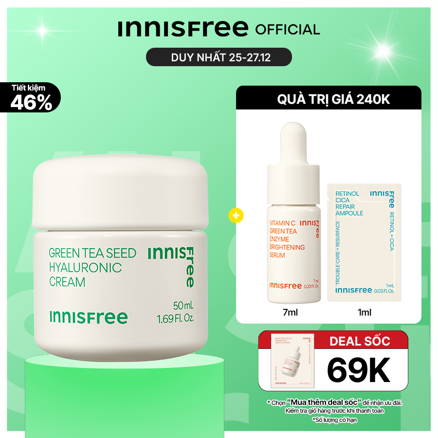 [Mã COSINNIJ - 8% đơn 250K] Kem dưỡng ẩm trà xanh innisfree Green Tea Seed Hyaluronic Cream 50ml